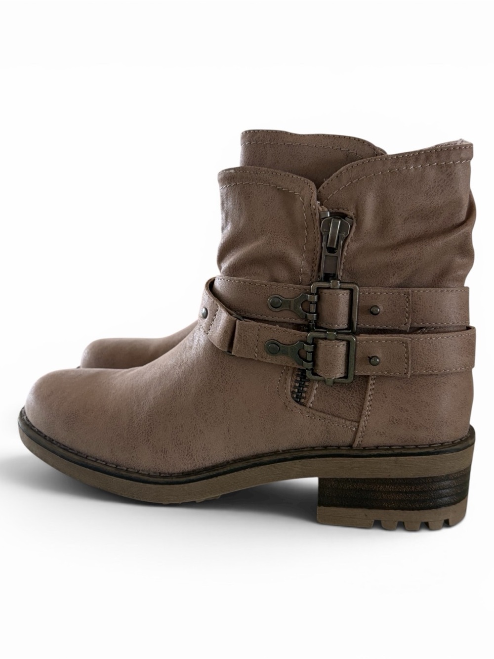 Carlos Santana Taupe Buckle Moto Ankle Boots